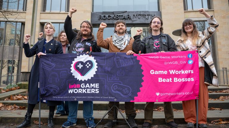 Protesters outside Rockstar's Edinburgh office. Pic: PA