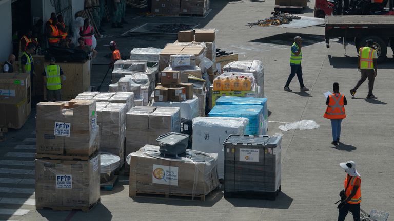 Humanitarian aid has arrived and is waiting to be distributed. Pic: AP