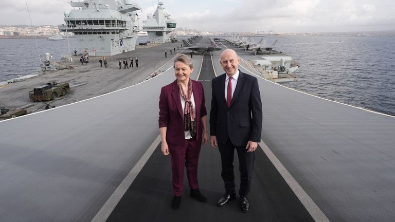 Defence Secretary John Healey and Foreign Secretary Yvette Cooper during a visit to Royal Navy carrier HMS Prince of Wales in Naples, Italy. Pic: PA