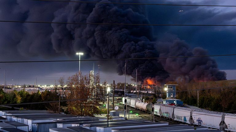 Smoke rises from the wreckage of a UPS MD-11 cargo jet after it crashed on departure from Louisville, Kentucky. Pic: Jeff Faughender / USA Today / Reuters