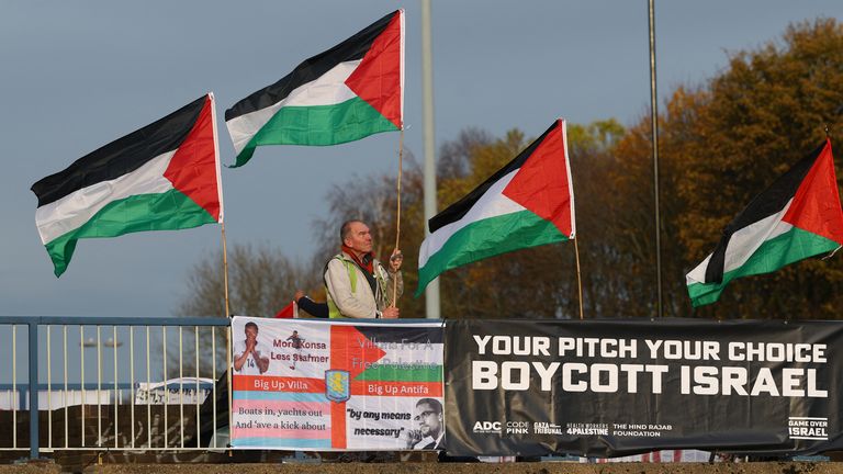 Pro-Palestinian supporters protest ahead of Aston Villa's UEFA Europa League match. Pic: Reuters