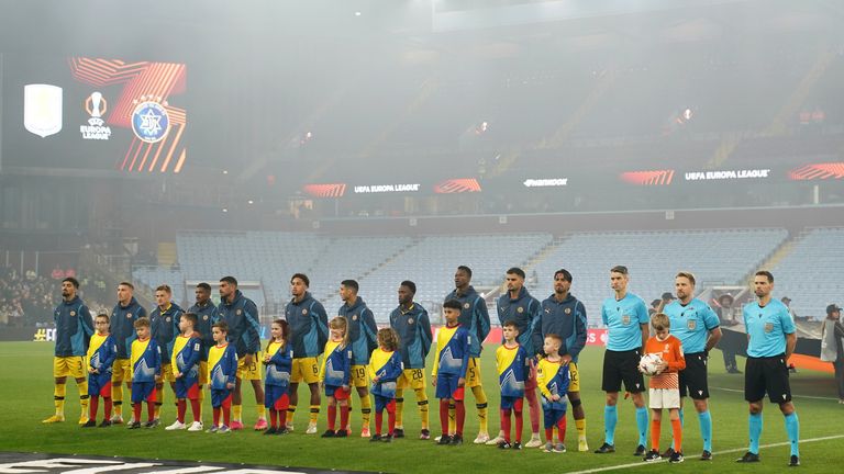 Maccabi Tel Aviv players line up in front of an empty end at Villa Park. File pic: PA