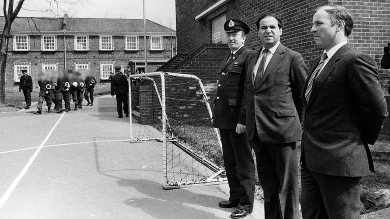 Then home secretary Leon Brittan visiting in 1985. Pic: Geoff Hewitt/Mirrorpix/Getty 