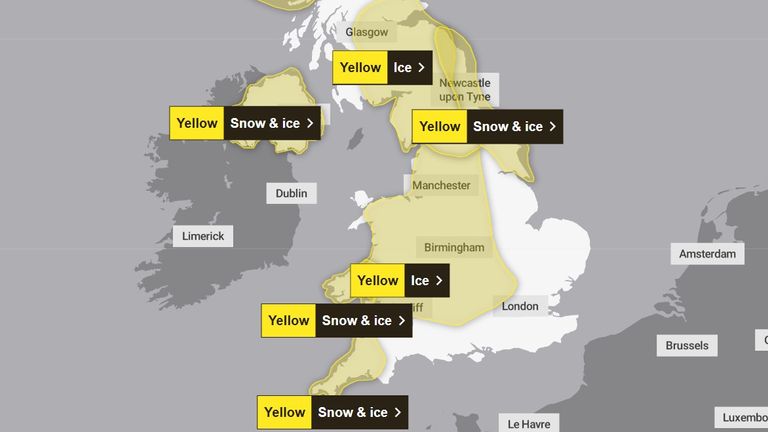 Yellow weather warnings for snow and ice across many parts of the UK. Pic: Met Office