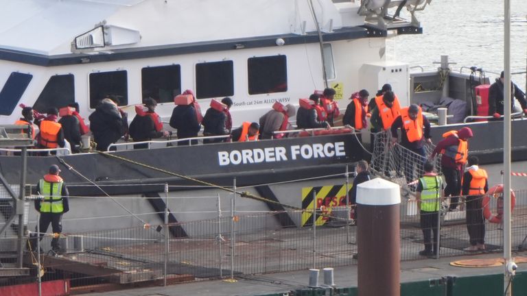 Migrants being brought into Dover, Kent, by Border Force on Sunday. Pic: PA