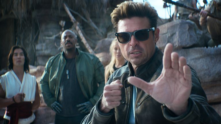 (L-R) Ludi Lin as Liu Kang, Mehcad Brooks as Jackson ‘Jax’ Briggs, Jessica McNamee as Sonya Blade, and Karl Urban as Johnny Cage in Mortal Kombat II. Pic: Warner Bros. Pictures