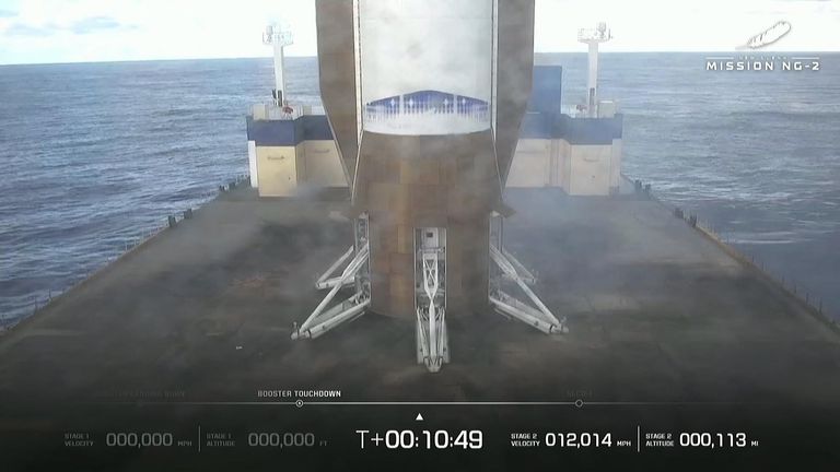 The booster stage safely landed on a platform 375 miles (600km) offshore in the Atlantic Ocean