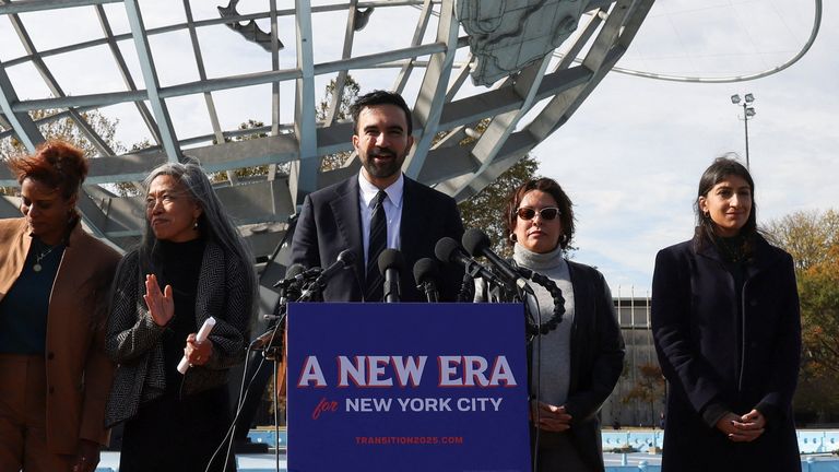 New York City mayor-elect Zohran Mamdani holds a press conference at the Unisphere in the Queens borough of New York City.
Pic: Reuters