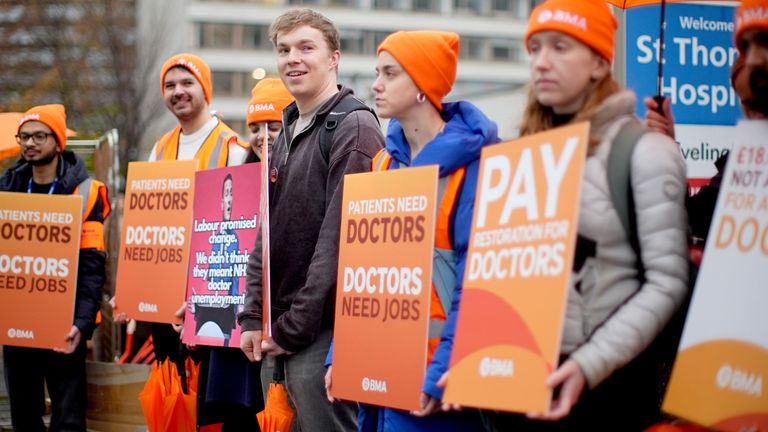 Striking resident doctors pictured outside St Thomas' Hospital in London on 14 November. File pic: PA