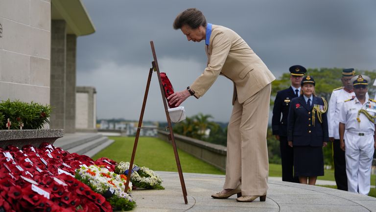 Princess Anne lays a wreath during Service of Remembrance at the Kranji War Cemetery in Singapore. Pic: PA