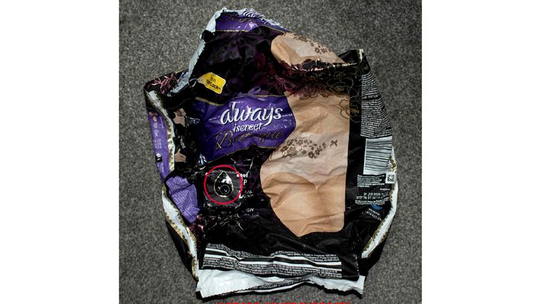 Hidden camera in bottom left of women's sanitary packaging
Pic: Met Police 