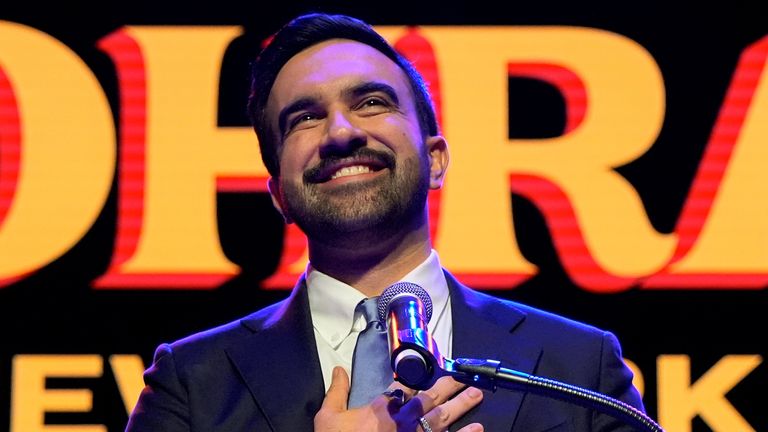 Zohran Mamdani smiles with his hand on his heart after winning the mayoral election in Brooklyn, New York City. Pic: AP
