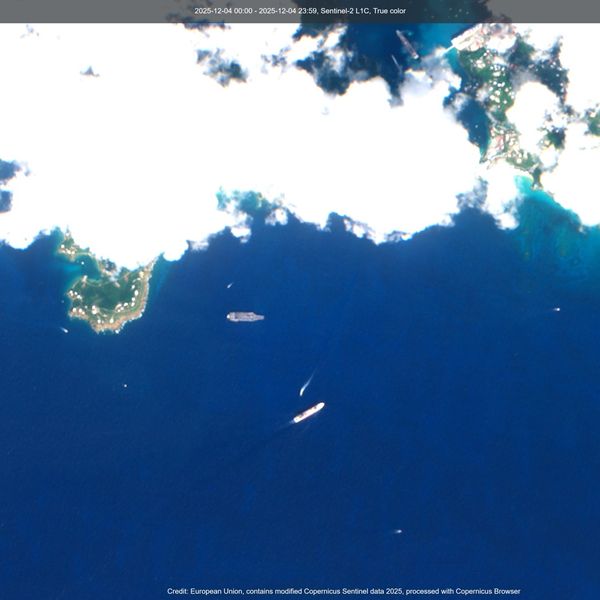 The USS Gerald R Ford (in grey) off the US Virgin Islands on 4 December. Source: Copernicus