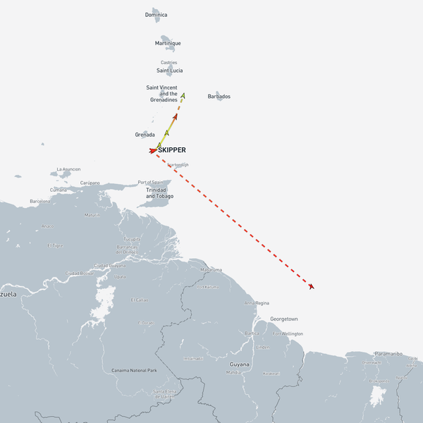 The distance between Skipper's spoofed position on AIS (towards the bottom right hand corner) and its real position when seized by the US. Source: MarineTraffic 
