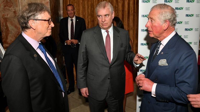 Bill Gates talks to the then Prince Andrew and then Prince Charles during a malaria summit in London on April 18, 2018. Pic: Reuters