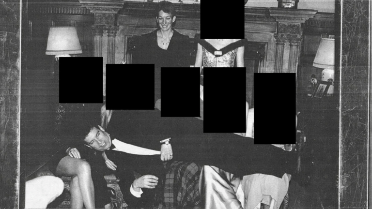 Andrew Mountbatten Windsor and Ghislaine Maxwell with redacted women. Pic: US DoJ