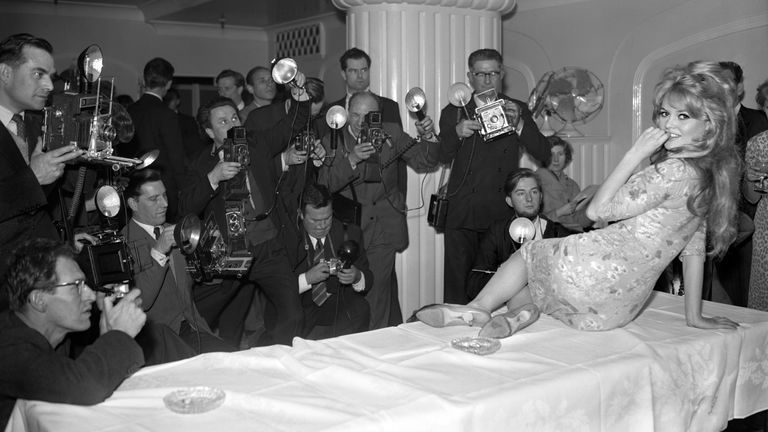 Brigitte Bardot at a London Hotel during a photocall after arriving in from Paris to start location shooting for her latest movie "Babette Goes to War"