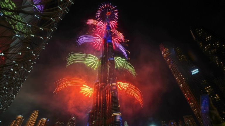 Fireworks explode around the Burj Khalifa, the world's tallest building, in Dubai, UAE, on 31 December 2025. Pic: AP