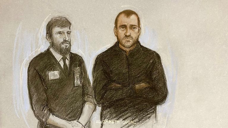 Court artist sketch of Philip Young (right) appearing at Swindon Magistrates' Court. Pic:  Elizabeth Cook/PA