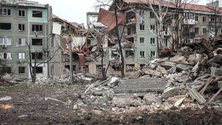 Apartment buildings damaged by a Russian military strike in Donetsk region, Ukraine. Pic: Reuters