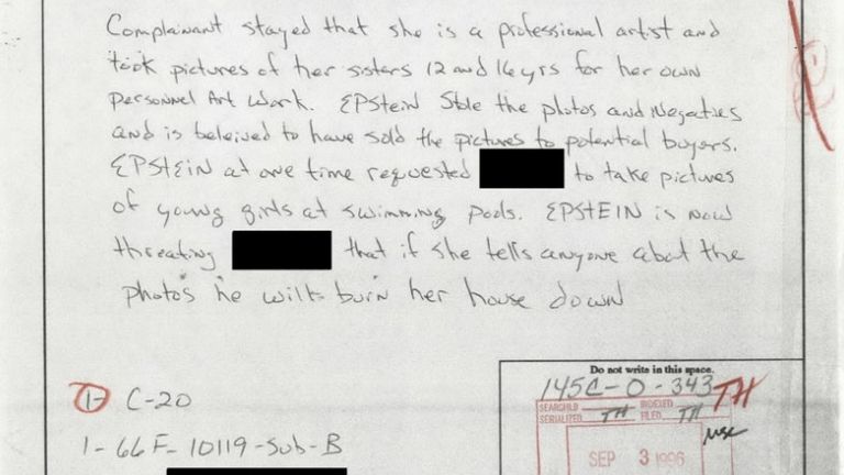 The complaint form alleged that Epstein threatened to "burn her house down". Pic: DOJ