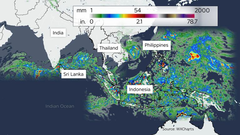 Amount of rainfall expected in South and Southeast Asia in the next 48 hours