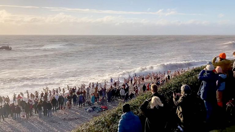 Swimmers at Budleigh Salterton before two were reported missing. Pic: Gary Thurston 