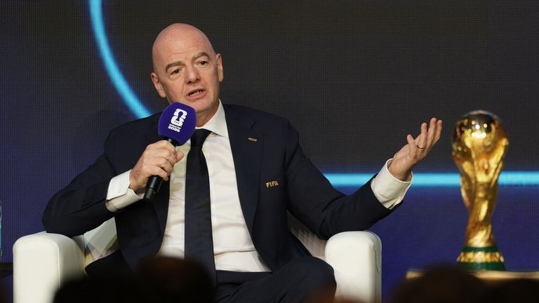 FIFA president Gianni Infantino with the World Cup trophy. Pic: Reuters
