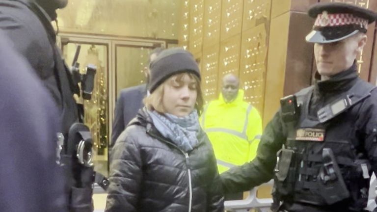 Ms Thunberg being led away by police.
Pic: Prisoners for Palestine/PA