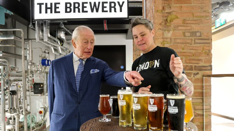 The King also sampled some of the beers produced by a brewery in the building's basement. Pic: PA