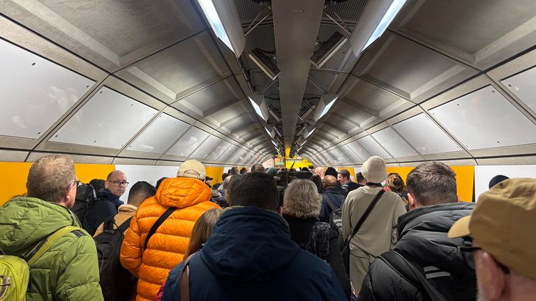 A queue to exit the Elizabeth Line at Heathrow after the incident. Pic: PA 