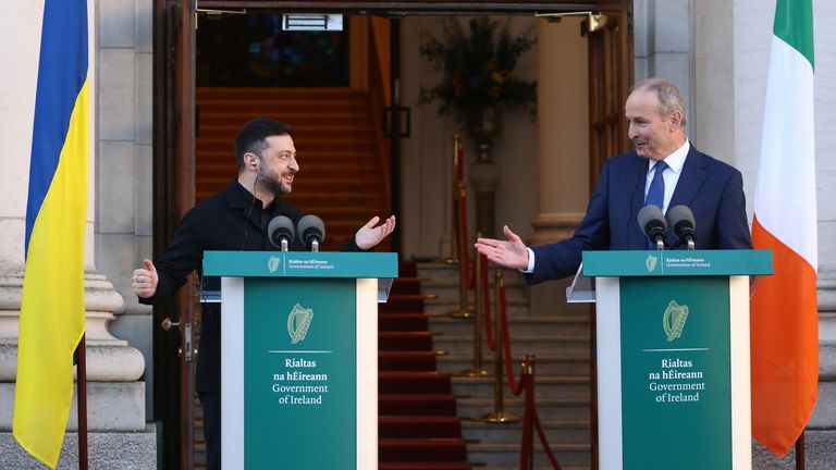President Zelenskyy at a joint press conference with Irish Taoiseach Micheal Martin. Pic: AP