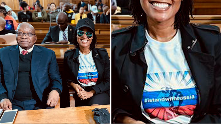 Former president Jacob Zuma with his daughter Duduzile Zuma, wearing "I Stand With Russia" T-Shirt in 2023. Pic: @DZumaSambudla/X