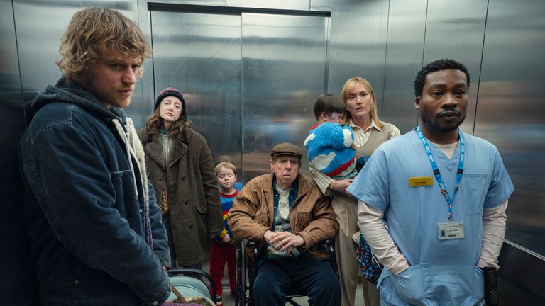 Goodbye June stars (L-R) Johnny Flynn, Andrea Riseborough, Timothy Spall, Kate Winslet and Fisayo Akinade, among others. Pic: Netflix