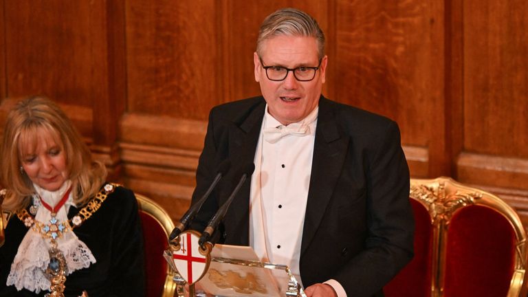 Prime Minister Keir Starmer speaks during the annual Lady Mayor's Banquet at the Guildhall in London. Pic: Reuters
