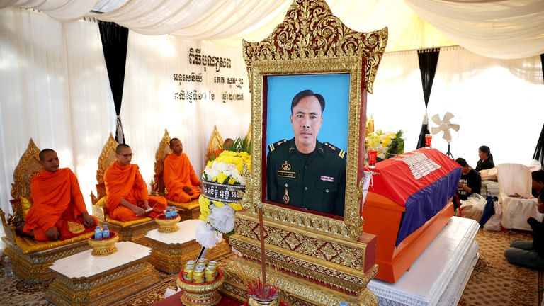 The coffin of Ket Sopheaktra, 40, a Cambodian soldier who was killed in military clashes between Thailand and Cambodia. Pic: Reuters