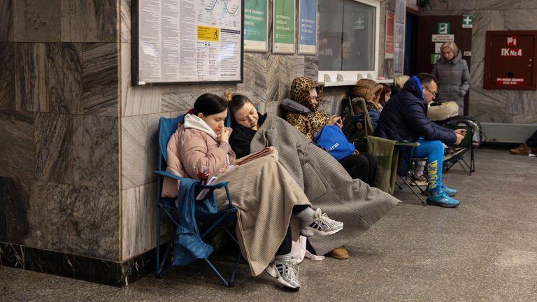 People sheltering at a metro station in Kyiv overnight as Russian attacks continue. Pic: Reuters