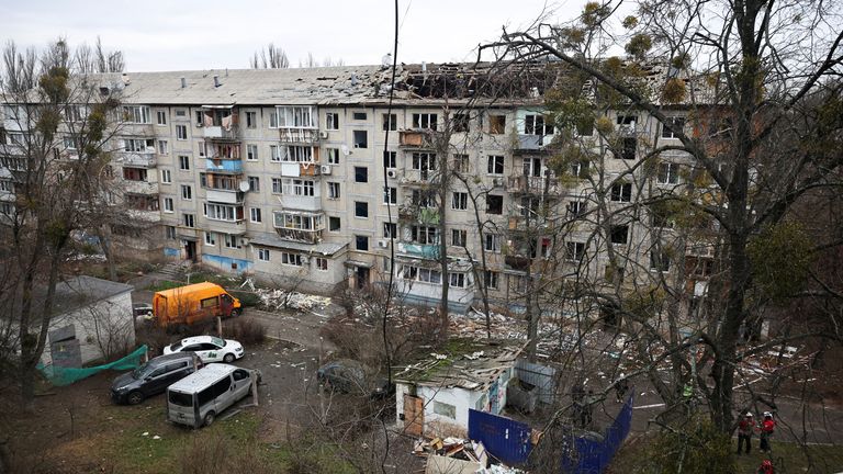 A damaged apartment building in Kyiv. Pic: Reuters