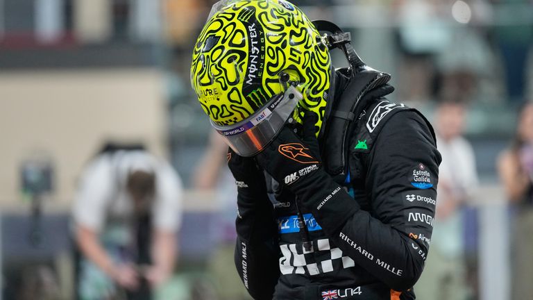 Lando Norris reacts after becoming a world champion after the Abu Dhabi Formula One Grand Prix. Pic: AP
