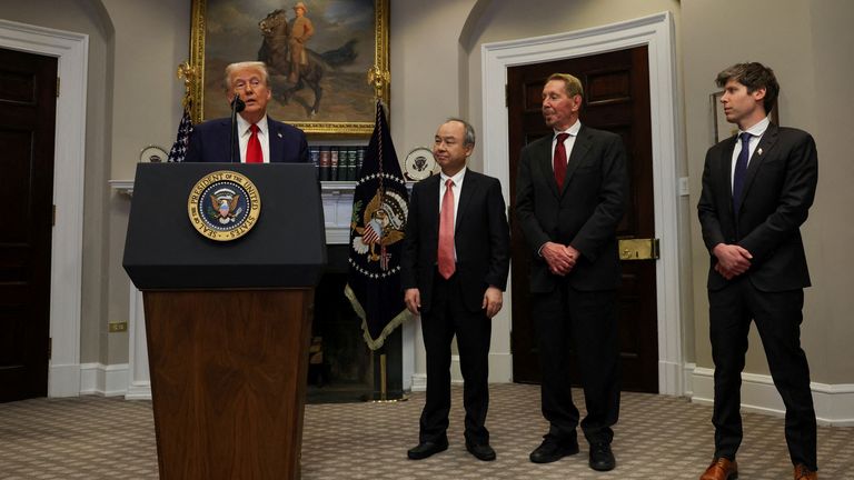 Larry Ellison (centre left) in the White House with Trump. Pic: Reuters