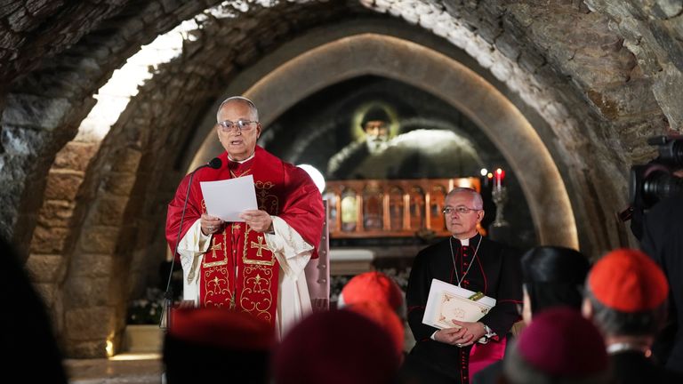 Pope Leo speaks in front of the tomb of St Charbel Makhlouf.
Pic: AP