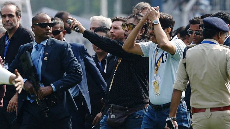 Messi was surrounded by a large entourage. Pic: Reuters