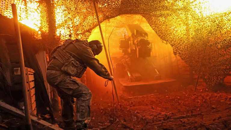 A Ukrainian soldier fires a self-propelled howitzer in Kostiantynivka in Donetsk. Pic: Reuters