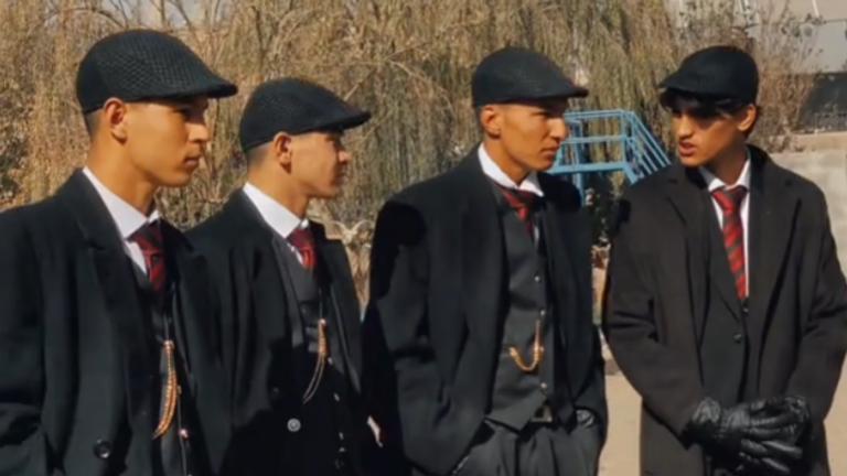 The youths were seen on social media dressed up like the characters from Peaky Blinders. Pic: TikTok/@jemis_band