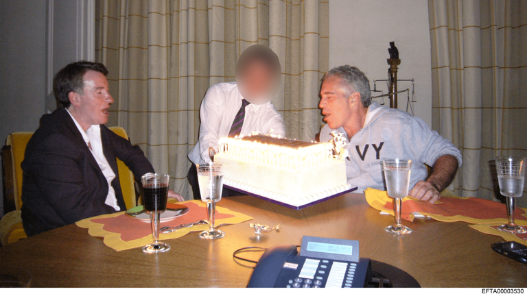 Peter Mandelson and Jeffrey Epstein with a man blurred by Paste BN. Pic: US DoJ
