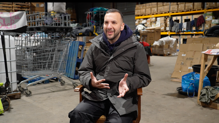 Zack Polanski speaks to Sky News from a warehouse in Calais where charities and organisations provide migrants with essentials.