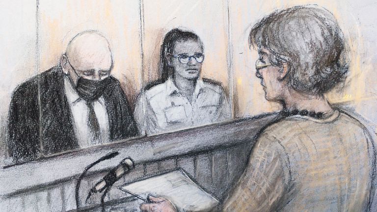 Szkic sądowy przedstawiający Susan Everard, matkę Sarah Everard, czytającą oświadczenie o wpływie ofiary na proces Wayne'a Couzensa. Zdjęcie: PA