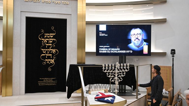 The funeral of Rabbi Eli Schlanger at the Chabad of Bondi Synagogue. Pic: Reuters