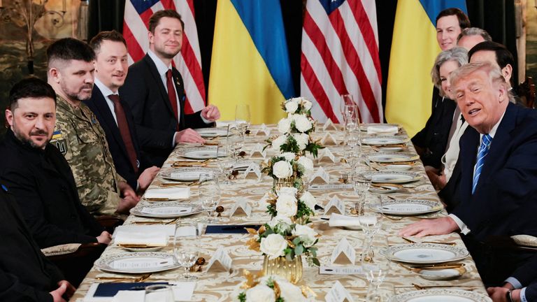 Mr Trump and Mr Zelenskyy sat down with secretary of state Marco Rubio, Mr Trump's son-in-law Jared Kushner, US special envoy Steve Witkoff and White House chief of staff Susan Wiles, and Ukrainian delegates, before the talks. Pic: Reuters