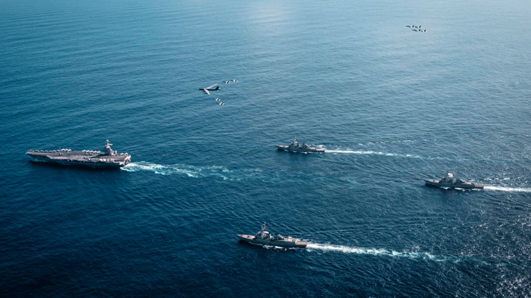 The Gerald R Ford,  USS Winston S Churchill, USS Mahan and USS Bainbridge in the Atlantic on 13 November. Source: US Department of Defense